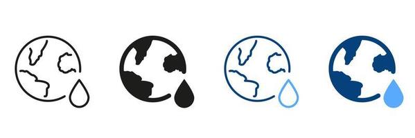 Planet Earth and Water Drop Silhouette and Line Icon Set. Save Water Concept. World Water Day. Global Liquid Resources of Earth. Symbol of Ecology and Environment. Isolated Vector illustration.