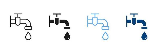 Faucet and Drop of Water Black and Color Pictogram. Water Tap with Classic Valve Silhouette and Line Icon Set. Bathroom Symbol Public Service, Plumbing Symbol Collection. Vector Isolated Illustration.
