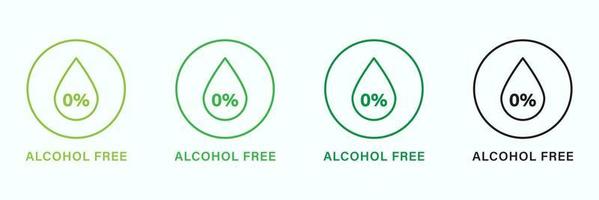 Alcohol Free Product Line Green and Black Icons Set. Drop, Droplet in Round Outline Sticker of Nonalcoholic. Non Alcohol Sign. No Contain Alcohol in Natural Cosmetic. Isolated Vector Illustration.