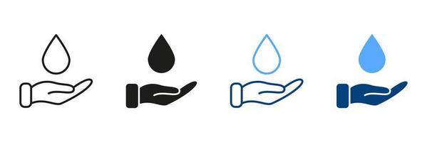 Water Drop with Hand Silhouette and Line Icon Set. Charity, Care, Save Ecology, Volunteering, Donate Symbol Collection. Save Water and Help for Poor and Homeless Icon. Isolated Vector Illustration.