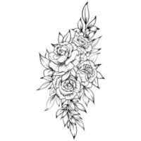 beautiful outline black and white rose and leaves vector