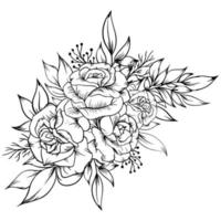 beautiful outline black and white rose and leaves vector