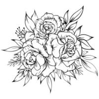 beautiful outline black and white rose and leaves vector