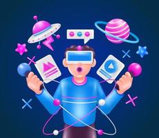 Virtual reality. 3d vector man holding a game console controller, with ufo and planet ornaments