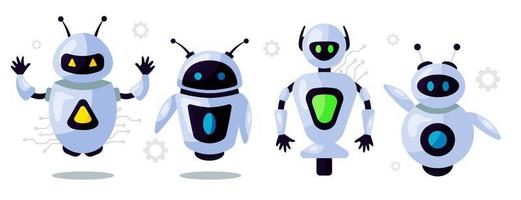 Set of cute robots, chatbots, AI bots characters design vector. AI technology and cyber characters. Futuristic technology service and communication artificial intelligence concept vector