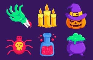 Halloween element vector set with wounded hand, candles, pumpkin lantern, spider and witch symbol.