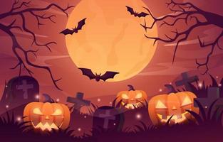 Halloween background design vector with glowing pumpkin, scary night landscape of graveyard under the moonlight.