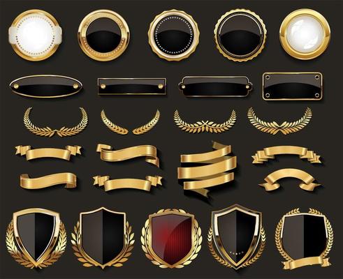 Collection of vintage retro premium quality golden badges and labels