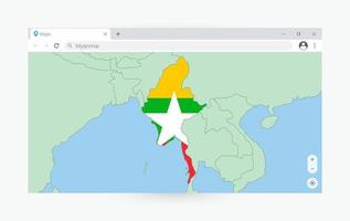 Browser window with map of Myanmar, searching  Myanmar in internet. vector