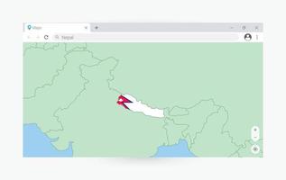 Browser window with map of Nepal, searching  Nepal in internet. vector