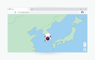 Browser window with map of South Korea, searching  South Korea in internet. vector