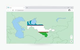 Browser window with map of Uzbekistan, searching  Uzbekistan in internet. vector