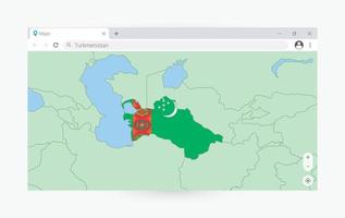 Browser window with map of Turkmenistan, searching  Turkmenistan in internet. vector