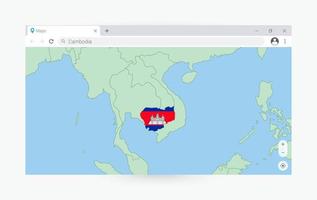 Browser window with map of Cambodia, searching  Cambodia in internet. vector