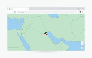 Browser window with map of Kuwait, searching  Kuwait in internet. vector