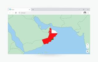 Browser window with map of Oman, searching  Oman in internet. vector