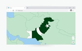 Browser window with map of Pakistan, searching  Pakistan in internet. vector