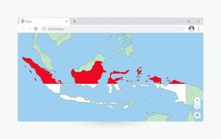 Browser window with map of Indonesia, searching  Indonesia in internet. vector