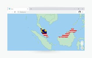 Browser window with map of Malaysia, searching  Malaysia in internet. vector