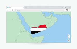 Browser window with map of Yemen, searching  Yemen in internet. vector