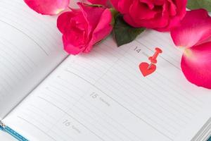 calendario san valentin día rosado alfiler y rojo rosas en calendario cuaderno. foto