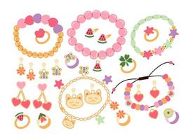 Set of children's jewelry. Rings, earrings and bracelet for girls. Fashion, jewelry concept. vector