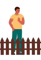 Personal boundaries and loneliness concept. Man protects himself with a fence. vector