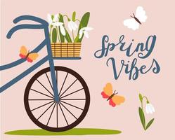 Basket with snowdrops on a bicycle. First spring flowers. Spring mood greeting card template. Welcome spring season invitation. vector