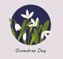 Snowdrop flower background in a round frame. First spring flowers. Snowdrop on a circle. Flat illustration for greeting card. vector