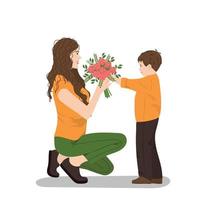 Son gives flowers to mother vector