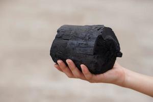 Closeup young boy's hand holds wooden charcoal .Concept, learning to touch and observe  in science subject activity. Nature fuel from burning wood process. photo