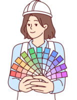 Woman painter holds paper palette offers to choose right color for painting walls png