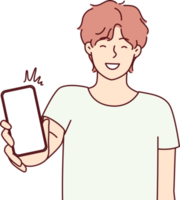 Happy man showing smartphone screen and smiling to recommend cool applications png