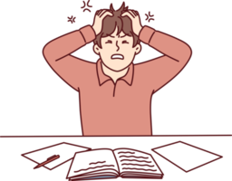 Angry man clutching head sitting at table with workbooks suffering from nervous work png