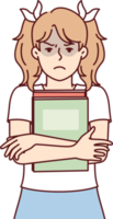 Schoolgirl with pigtails stands clutching books to chest and looking at camera png