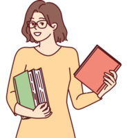 smart ung kvinna står innehar flera böcker i händer välja litteratur för läsning png