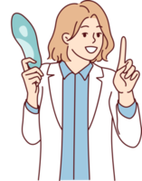 Female doctor in white coat holding blue object giving recommendation to patient png
