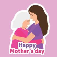 The daughter is hugging with old woman. Happy mother day sticker. Vector illustration.