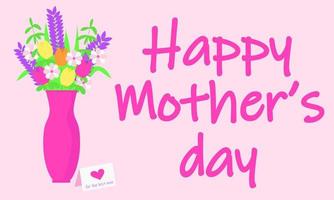 A pink vase with flowers in it that says happy Mother's Day. vector