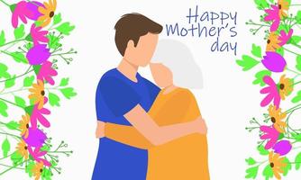 An illustration of a mother and her son hugging and the words happy Mother's Day. vector