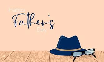 A blue hat and glasses on a wooden table with the text happy fathers day. vector