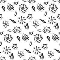 Seamless botanical pattern with hand drawn flowers and leaves on white. Abstract floral texture. Wrapping paper. Coloring vector