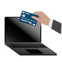 Online shopping concept with open laptop and hand with bank card. Payment by card vector