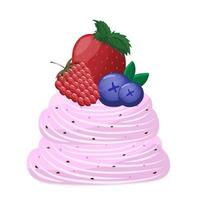 Pink sweet swirl of marshmallows with strawberries, blueberries, raspberries, chocolate on a white. Confectionery treat, cake, zephyr. vector
