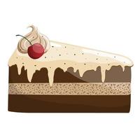 A piece of cake with chocolate crumble, vanilla frosting and cherry on a white background. Confectionery treat, brownie. vector