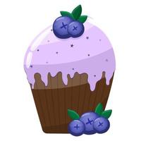 Chocolate cupcake with a purple parcel with stars and blueberries. Delicious dessert, confectionery cake. vector