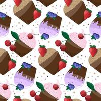 Seamless background with sweet tasty cupcakes with berries and chocolate chips. Wrapping paper, birthday vector