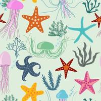 Seamless vector pattern with jellyfishes, seaweeds and seastars. Cute texture for fabric, wrapping, textile, wallpaper.