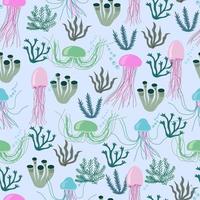 Seamless pattern of underwater life with cute jellyfishes, corals. Endless texture with ocean plants. vector