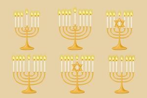 Set of gold Hanukkiah menorah for seven and nine candles on a beige background. Menorah with candles. Perfect for your holiday designs. Vector illustration.